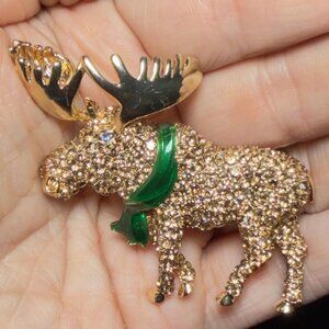 Moose Brooch Gold Tone Rhinestone Reindeer Pin Blue Eye Animal Brooch 2.25”